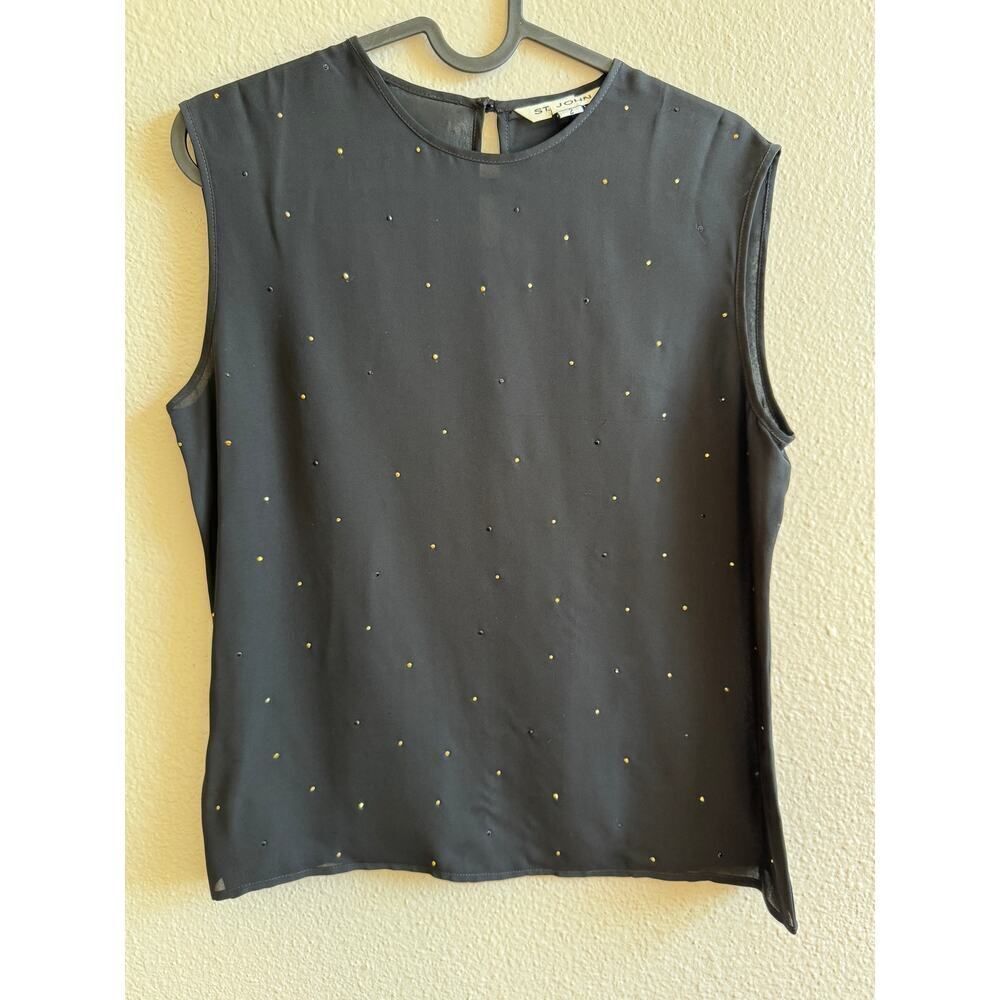 St. John Black‎ Silk Tank Top Sz 2 with Gold Black Rhinestone Embellishment EUC